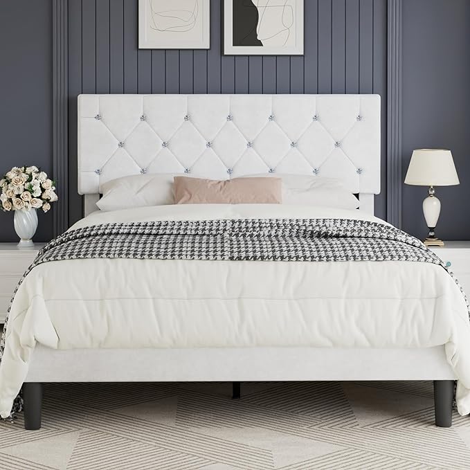 VECELO Queen Size Bed Frame with Diamond Tufted Headboard, Upholstered Platform Bedframe with Wood Slat Support, No Box Spring Needed, Velvet & White