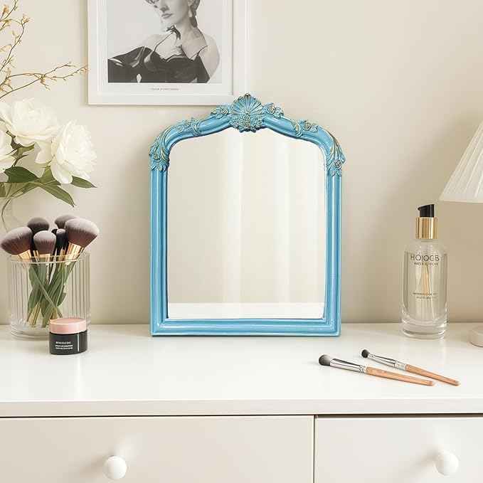 Vintage Carved Desk Mirror - 13x10 Inch Decorative Vanity Mirror for Makeup, Dorm, Bedroom & Tabletop Deco (Blue, 13" L x 10.2" W Flowers)