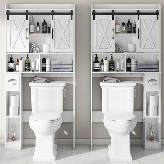 Vabches Over The Toilet Storage Cabinet, Farmhouse Storage Cabinet Over Toilet with Sliding Doors，Home Space-Saving Toilet Rack, for Bathroom, Restroom, Laundry