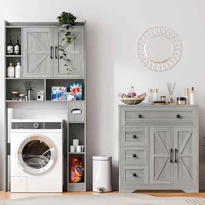 Vabches Farmhouse Storage Cabinet with 2 Doors and 4 Drawers, Freestanding Bathroom Storage Cabinet Kitchen Pantry, Floor Hutch Cupboard for Bathroom/Living Room/Kitchen.(Wash Grey