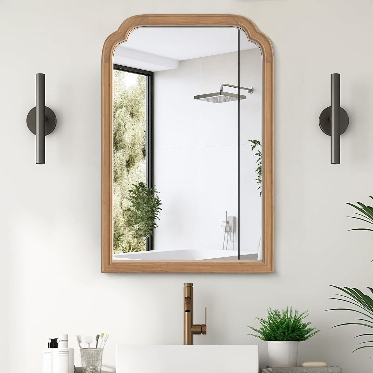 WallBeyond Wood Frame Wall Mirror Rounded Corner Arch Rectangle Mirror for Entryway, Living Room or Bedroom Home Decor - Light Woodgrain [20" x 30" Honey-Colored]