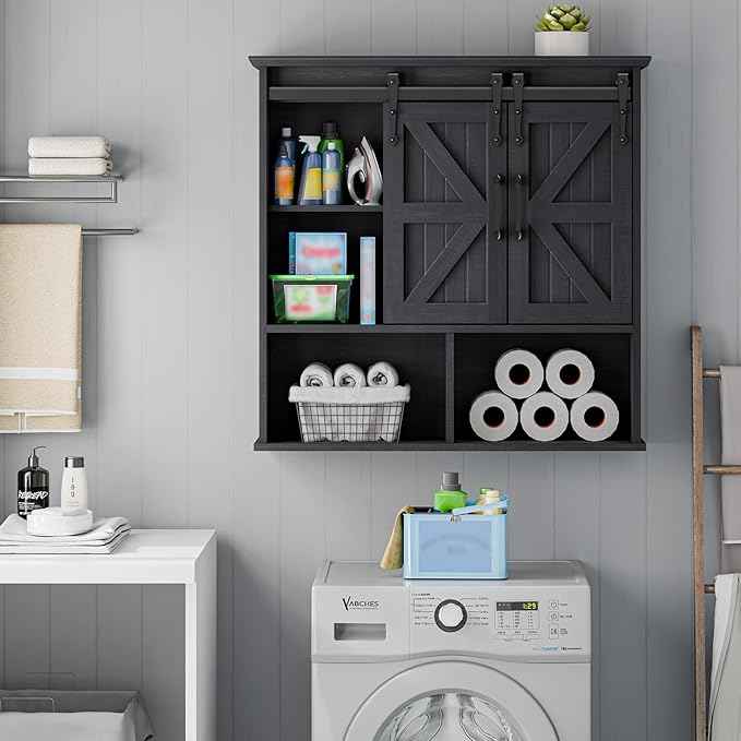 Vabches Bathroom Wall Cabinet, Farmhouse Medicine Cabinet with Double Sliding Barn Door and Adjustable Shelves, Wooden Vintage Storage Cabinet Wall Mounted for Bathroom, Kitchen Dining, Black