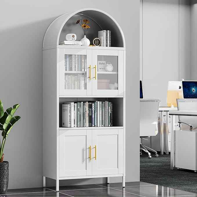 Metal Arched Pantry Cabinet with Glass Doors, Tall Arched Kitchen Pantry Cabinet for Kitchen Home Living Room,White,Required Assembly