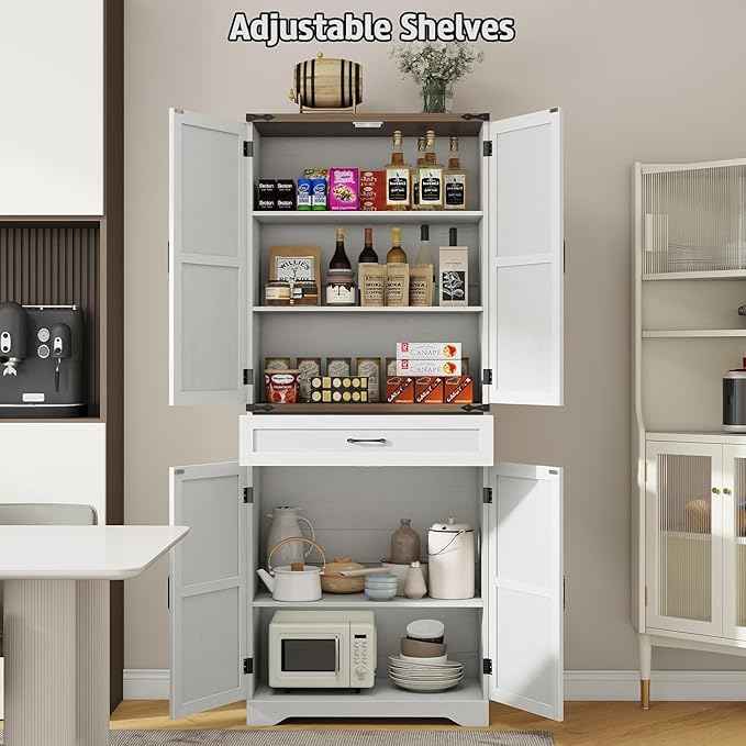 Vabches 72" Kitchen Pantry Storage Cabinet with Large Capacity Drawer, Adjustable Shelves, Freestanding Cupboard for Kitchen, Dining Room, Living Room, White