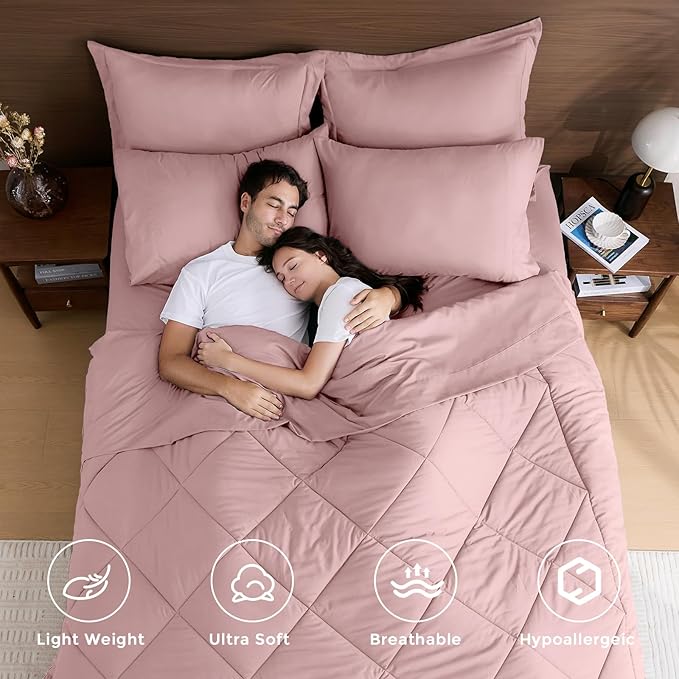 HEVUMYI Dusty Pink King Comforter Set - 7-Piece All Season Bed in a Bag King, Ultra Soft Bedding Set with Comforter, Flat Sheet, Fitted Sheet, Pillowcases, Pillow Shams