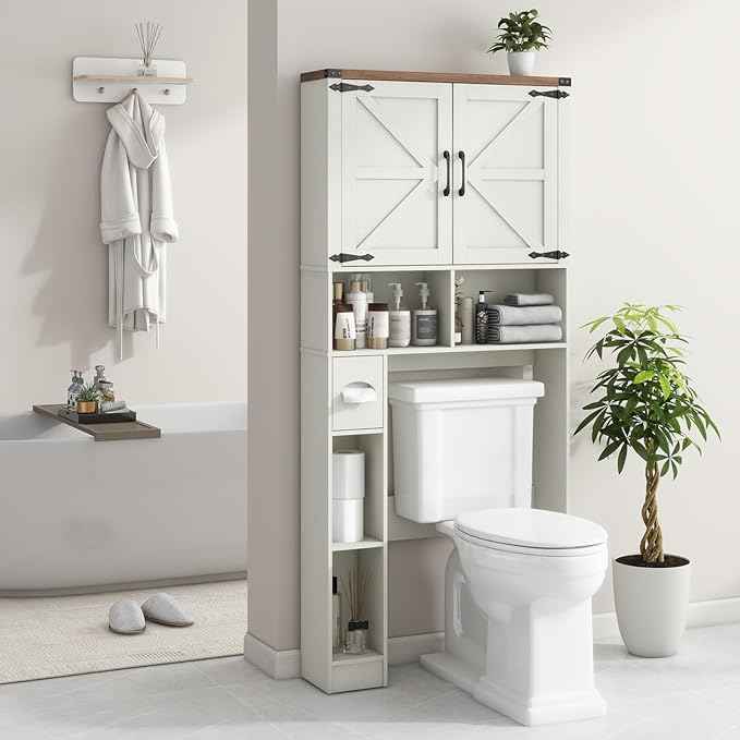 Vabches Over The Toilet Storage Cabinet, Farmhouse Storage Cabinet Over Toilet with 2 Barn Doors && Toilet Paper Holder Stand，Home Space-Saving Toilet Rack, for Laundry, Restroom, Bathroom