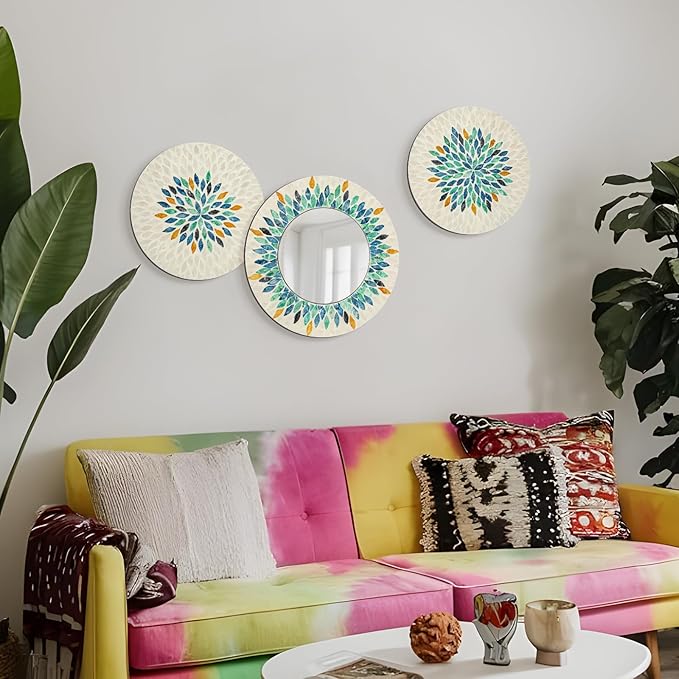 Jewel-Tone Mother of Pearl Mirror Wall Decor for Living Room, 3PCS Handmade Round Wall Art for Home Guest Room Decoration, Unique Mosaic Art Gift for Birthday Wedding Housewarming (Colored)