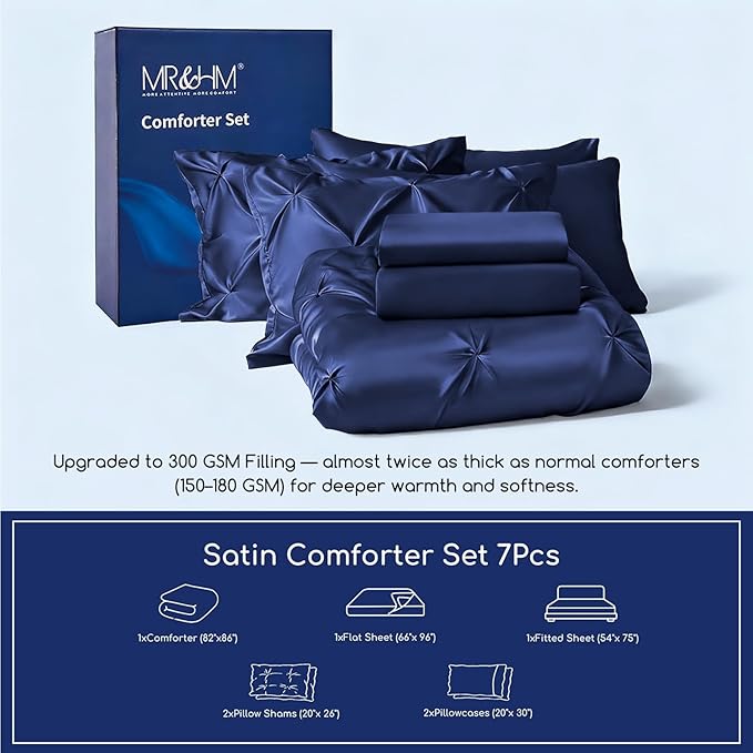 MR&HM Satin Comforter Full 7 Pieces - Luxurious Pinch Pleat Bedding Set with Comforter, Flat Sheet, Fitted Sheet, Pillowcases & Shams, Super Silky Soft Bed Set for All Season (Full, Navy Blue)