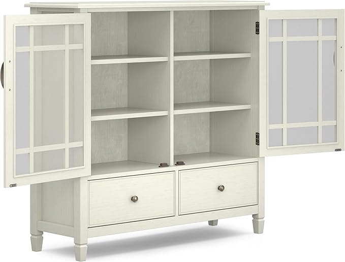 SIMPLIHOME Connaught Storage Cabinet - 46 inch Wide Solid Wood Tall Cabinet in Antique White, Traditional Console for Living Room or Dining Room with Glass Doors, Adjustable Shelves, and Drawers