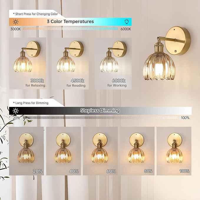 Battery Operated Vintage Wall Sconces with Amber Tulip Glass Lampshade Battery Powered Wall Lighting for Bedside Bedroom Doorway, Set of 2