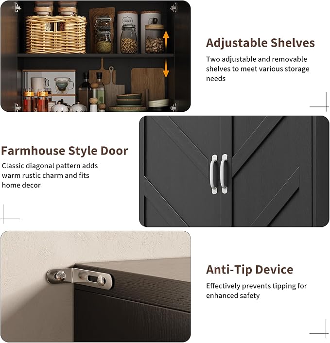 IDEALHOUSE 70" Kitchen Pantry Storage Cabinet, Farmhouse Kitchen Hutch Cabinet with 4 Doors & 2 Adjustable Shelves, Freestanding Cupboard with Microwave Stand for Dining Room,Living Room,Black