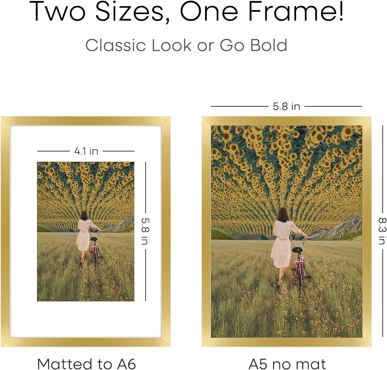 Homeforia A5 Picture Frame Gold, High End Metal 5.8 x 8.3 Frames Matted to 4.1 by 5.8 inch Photo, A5 Frame with Mat A6, 5.8x8.3 Poster Frames, 8.3x5.8 Display Frame, Tempered Glass, Wall Kit, Set of 1