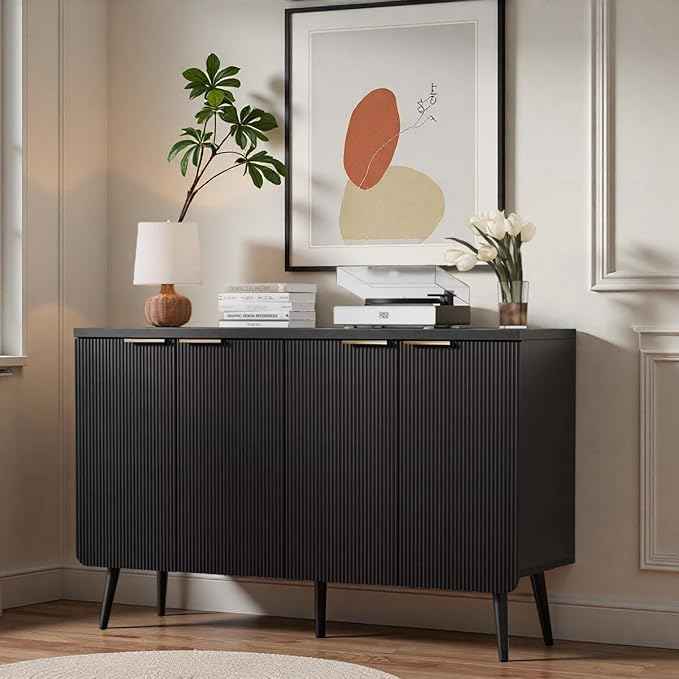 47.2" Modern Fluted Sideboard Cabinet with 4 Doors, Wood Storage Credenza with Shelves, Multi-Purpose Buffet Cabinet for Entryway, Dining & Living Room, Black