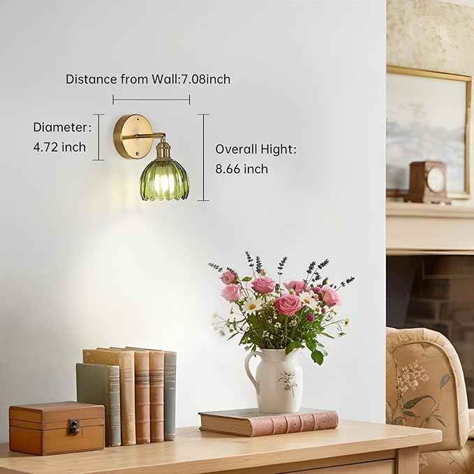 Battery Operated Vintage Wall Sconces with Green Tulip Glass Lampshade Battery Powered Wall Lighting for Bedside Bedroom Doorway, Set of 2