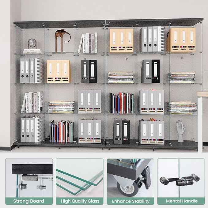 Beauty4U Glass Display Cabinet with 12 Shelves, Extra Large 3 Columns 2 Doors Curio Cabinets for Living Room, Bedroom, Office, Black Floor Standing DIY Glass Bookshelf, Quick Installation