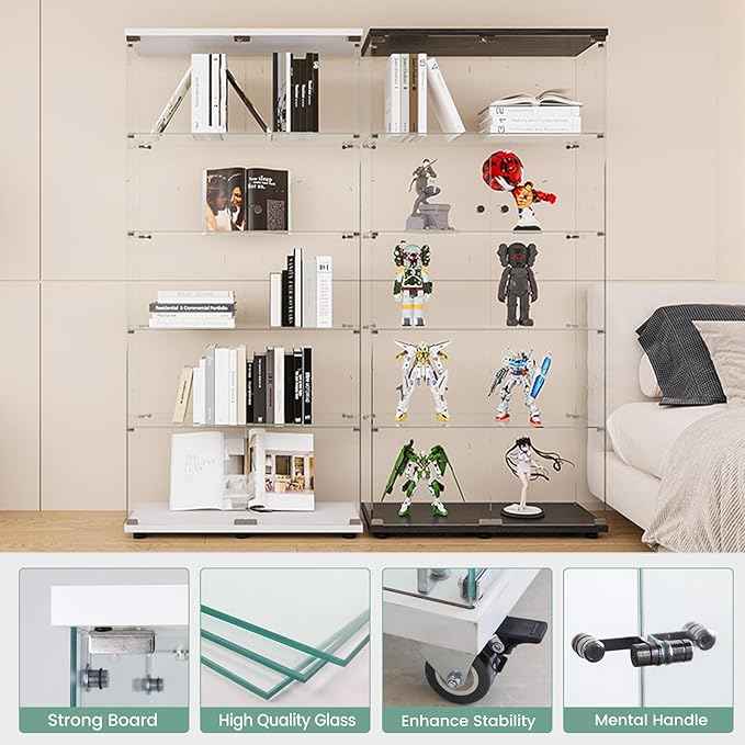 Beauty4U Glass Display Cabinet with 5 Shelves, Curio Cabinets for Living Room, Bedroom, Office, White Floor Standing Glass Bookshelf, Quick Installation