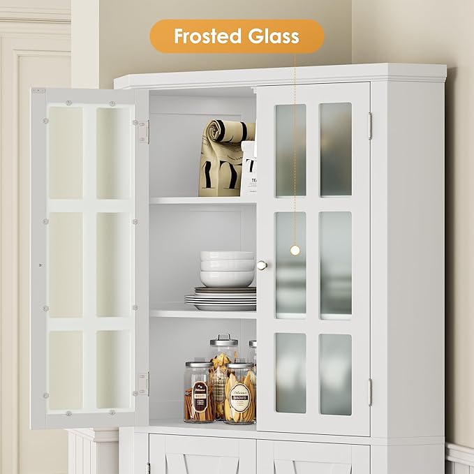 67" Corner Cabinet, Corner Kitchen Pantry with Doors, Farmhouse Kitchen Cabinet with 6 Storage Shelves, Space Saver for Bathroom, Living Dining Room, White