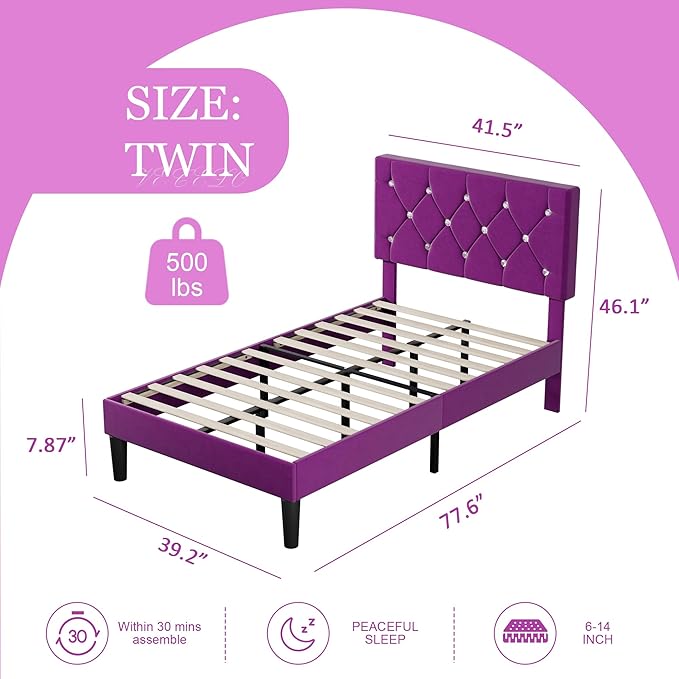 VECELO Twin Size Bed Frame, Upholstered Platform with Adjustable Diamond Tufted Headboard, Wood Slat Support, No Box Spring Needed, Purple