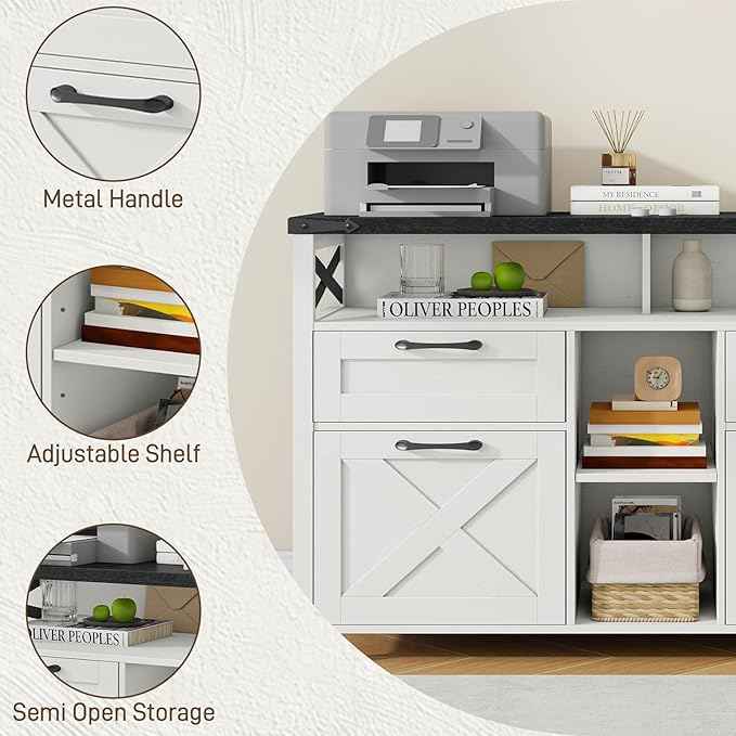 Lateral File Cabinets 4 Drawers with Open Storage Shelf, Farmhouse Filing Cabinet with Adjustable Shelf for Home Office, Filing Organization Storage Cabinets for Hanging Files Letter/A4. Black