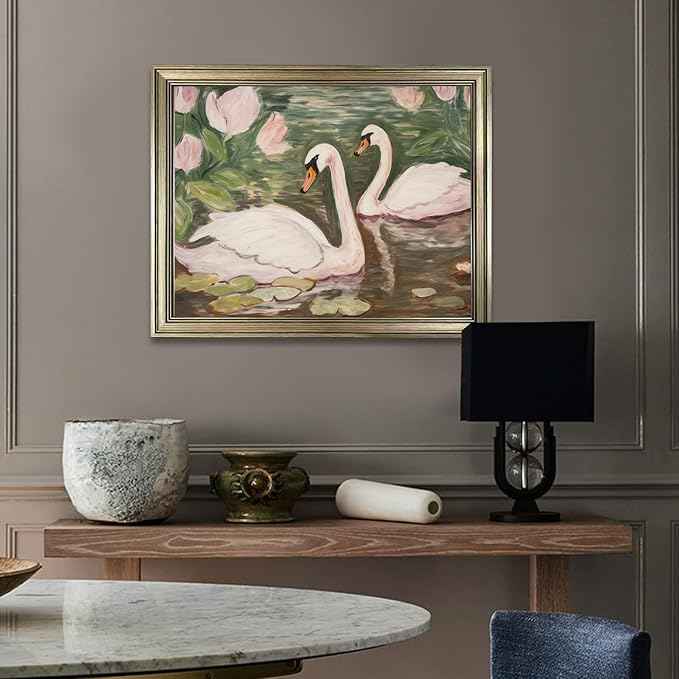 Swan Wall Art Vintage Framed Animal Wall Decor Pink and Green Girls Room Decor Girly Office Canvas Print Painting Home Artwork