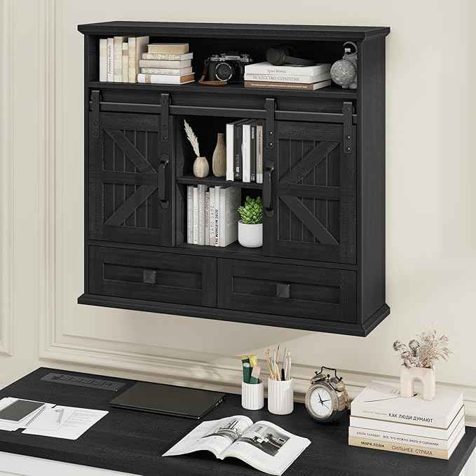 Vabches Bathroom Wall Cabinet, Farmhouse Medicine Cabinet with Double Sliding Barn Door and Storage Drawer, Wooden Vintage Storage Cabinet Wall Mounted for Bathroom, Kitchen, Rustic Black