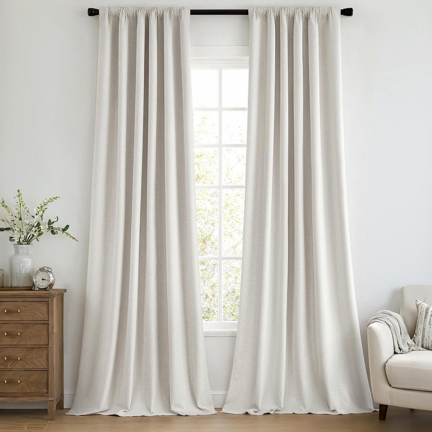 MIULEE 100% Blackout Curtains 90 Inch Long 2 Panels Set for Bedroom, Thick Faux Linen Black Out Curtain Room Darkening Back Tab Pleat Window Textured Drapes with Hooks for Living Room, Light Beige