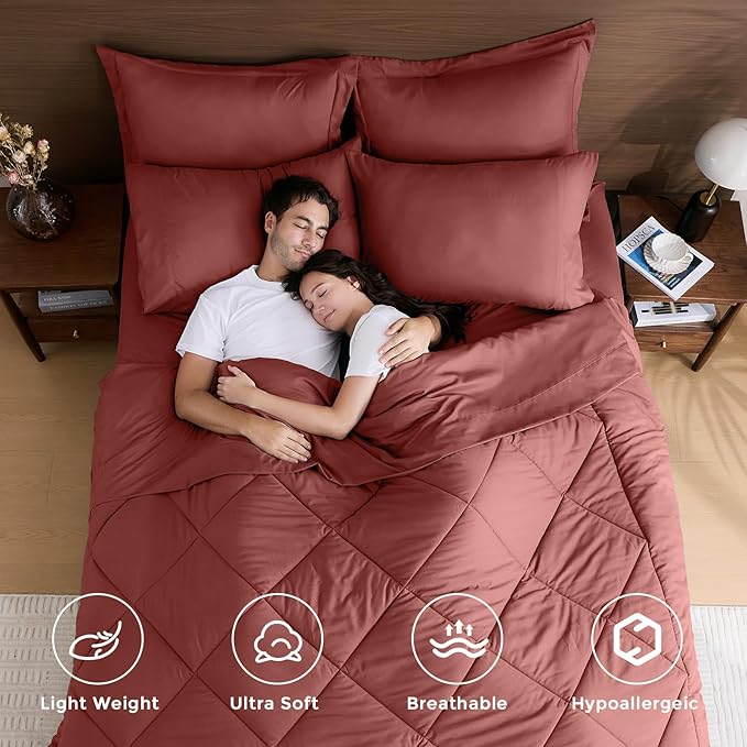 HEVUMYI Terracotta Queen Comforter Set - 7-Piece All Season Bed in a Bag Queen, Ultra Soft Bedding Set with Comforter, Flat Sheet, Fitted Sheet, Pillowcases, Pillow Shams