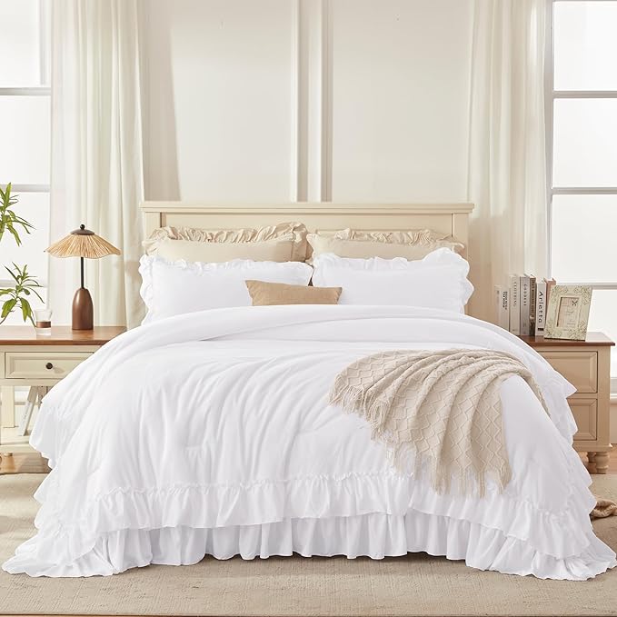 Andency Oversized King Ruffle Comforter Set, 3 Pieces Shabby Chic Farmhouse Bedding Set, Lightweight Soft Comforter Set 120x98 for Girls Women (1 Comforter 2 Pillowcases), White