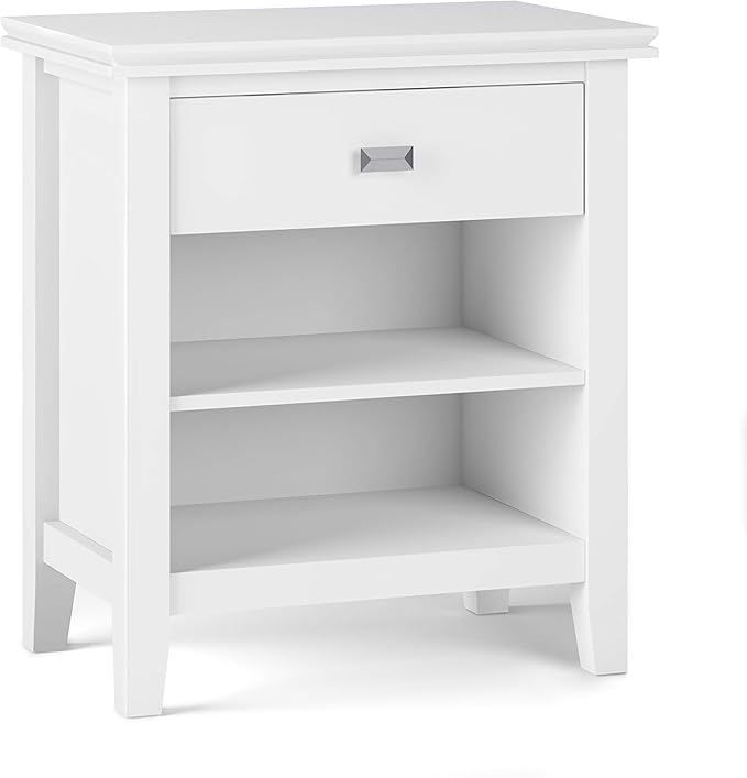 SIMPLIHOME Artisan Bedside Table - 24 inch Wide Solid Wood Nightstand Table in White, Contemporary Bedroom Side or End Table with 1 Drawer, Open Shelf Storage and Bronze Knobs