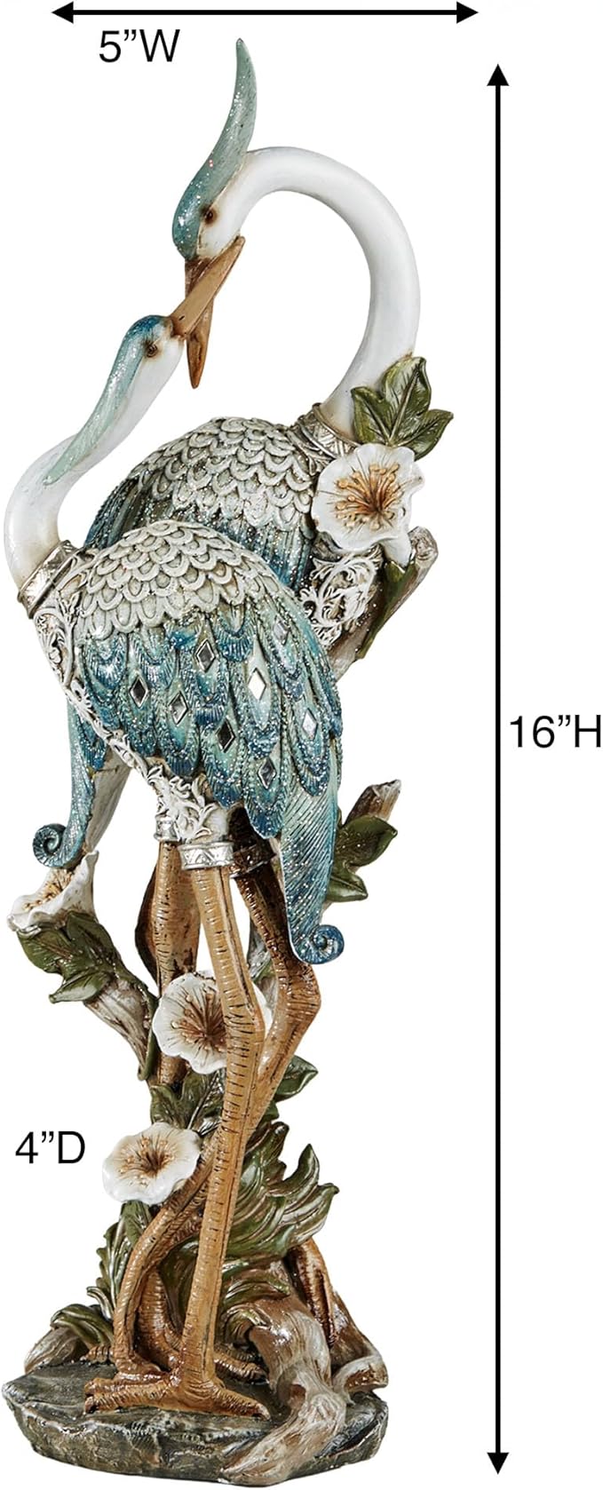 Devoted Cranes Table Sculpture Teal - Made of Resin Coastal Crane Shorebirds - Glitter Accents - Bird Statue - Flowers, Vining Leaves Base - Measures 5 Inches Wide, 16 Inches High