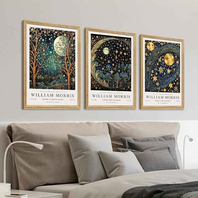 Hianan William Morris Canvas Wall Art, Vintage Gold Moon Stars Poster Prints, Many Dreamlike Stars Wall Decor, Retro Botanical Aesthetic Picture for Bedroom Living Room Office Wood Framed 16"x24"x3