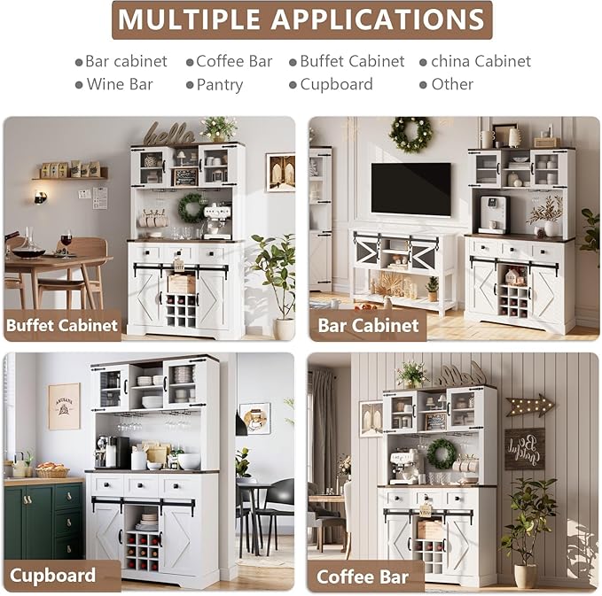 72 in Farmhouse Bar Cabinet with Sliding Barn Door, Tall Kitchen Buffet with Storage Hutch and 3 Drawer, Rustic Coffee Wine Bar Sideboard with Wine & Glasses Rack, for Living Room, Pure White