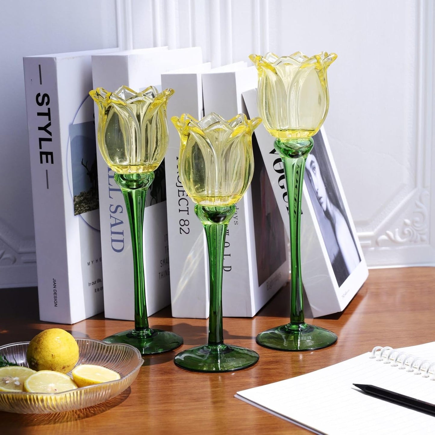 VOHO Yellow Tulips Candle Holders for Modern Home Decor, Bright Yellow Tealight Candle Holder Birthday Gifts for Women Friends, Tulip-like Tea Lights Candle Holder for Party Table Centerpiece(Set of3)