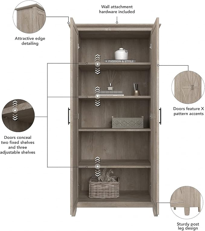 Bush Furniture Key West Tall Storage Cabinet with Doors and Shelves in Washed Gray, 2 Door Organizer for Home Office, Living Room, Entryway