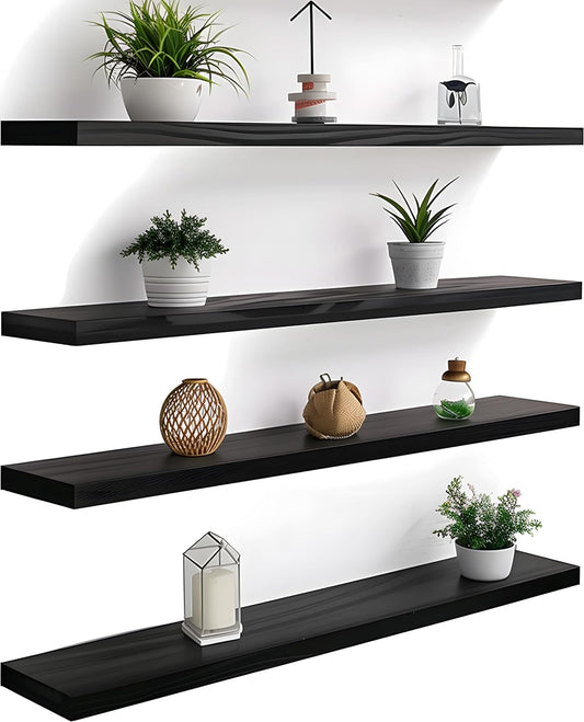 Wood Floating Shelves for Wall Decor, Rustic Wall Shelves for Bedroom Bathroom Kitchen Living Room, Set of 4 Black 36 Inch - Décor Diaries