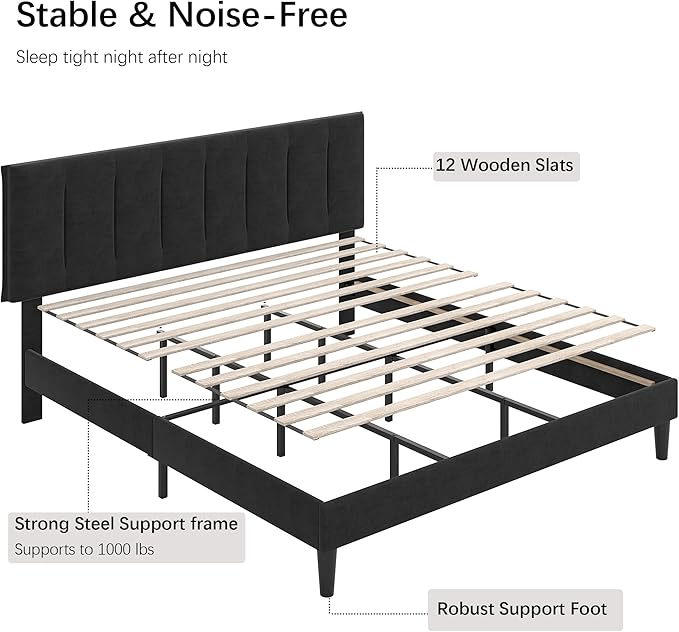 VECELO King Size Bed Frame with Upholstered Headboard, Heavy-Duty Bedframe with Strong Wooden Slats Support, No Boxing Spring Needed, Black