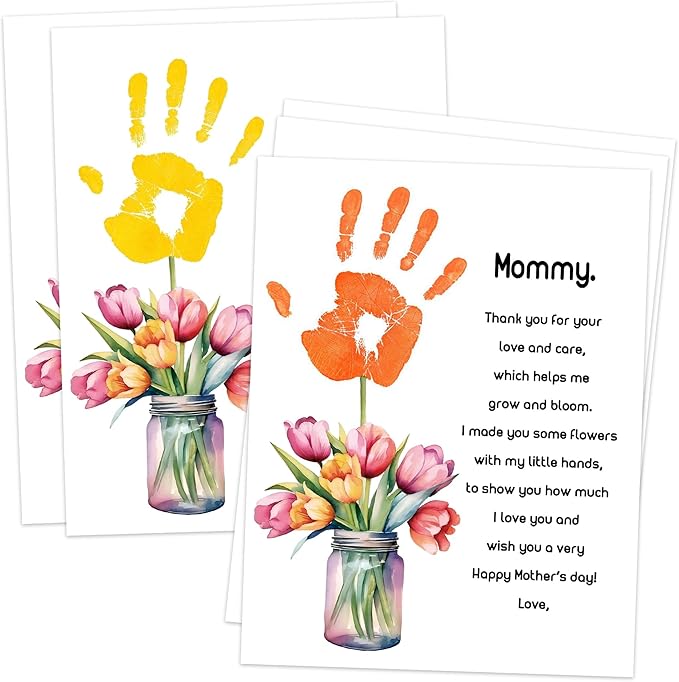 Tulips Flower Handprint Craft DIY Kit, 10 Bulk Personalized Mothers Day Cards, 8.5x11 Inch DIY Handprint Keepsake Art for Classroom Family Party Supplies, Mothers Day Gifts for Wife, New Mom, Mommy