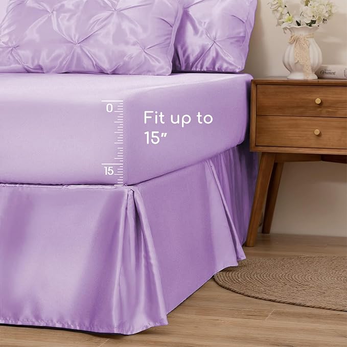 MR&HM Satin Comforter King 7 Pieces - Luxurious Pinch Pleat Bedding Set with Comforter, Flat Sheet, Fitted Sheet, Pillowcases & Shams, Super Silky Soft Bed Set for All Season (King, Lilac)