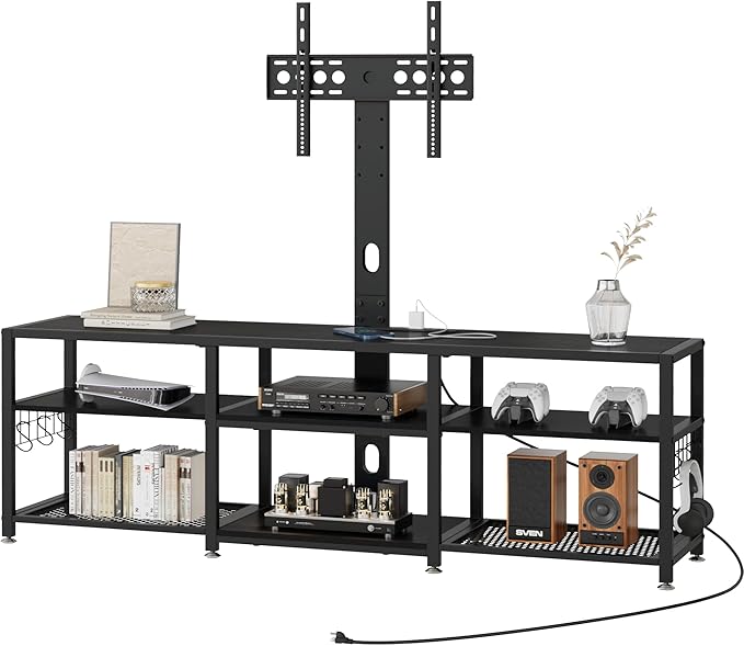 VECELO TV Stand with Mount and Power Outlets, Entertainment Center for 55/60/65/70/75 inch TVs, Height Adjustable Media Console with Storage Shelves, for Living Room, Bedroom, Black