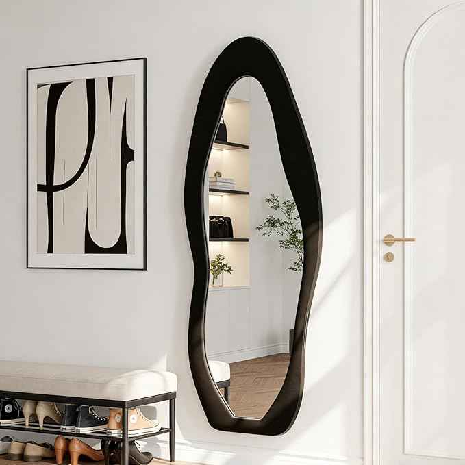 Full Length Mirror, 63"x24" Full Body Mirrors, Flannel Floor Mirrors with Stand, Irregular Wavy Mirror Hanging or Leaning Against Wall for Bedroom Living Room, Black