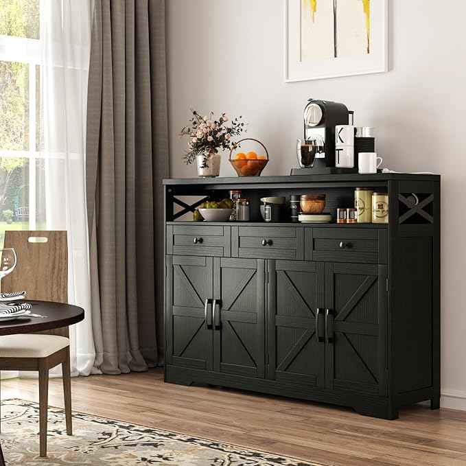 52" L Modern Farmhouse Sideboard Buffet Cabinet, Black Storage Cabinet with Drawers & Shelves, Kitchen Pantry Hutch, Coffee Bar Station Table for Living Room, Dining Room, Entryway