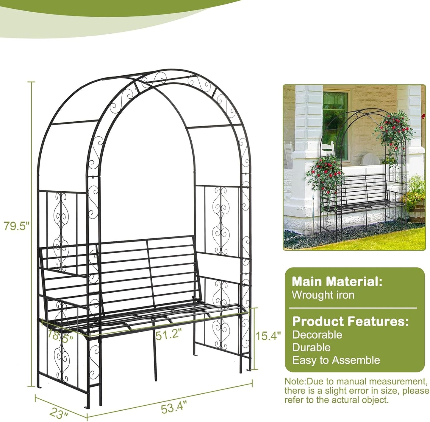 Outvita 7FT Garden Arch Arbor with Seating, Heavy Duty Metal Arbour Archway, Decorative Frame Stand Trellis for Wedding Ceremony Party Plant Climbing Rose Vines Lawn