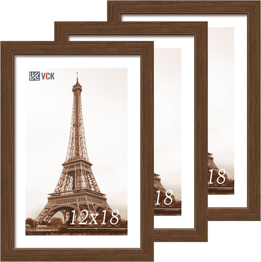 VCK 12x18 Picture Frame 3 Pack, Brown Wood Poster Frame with Exclusive Wood Grain, Wall Mounting Hanging