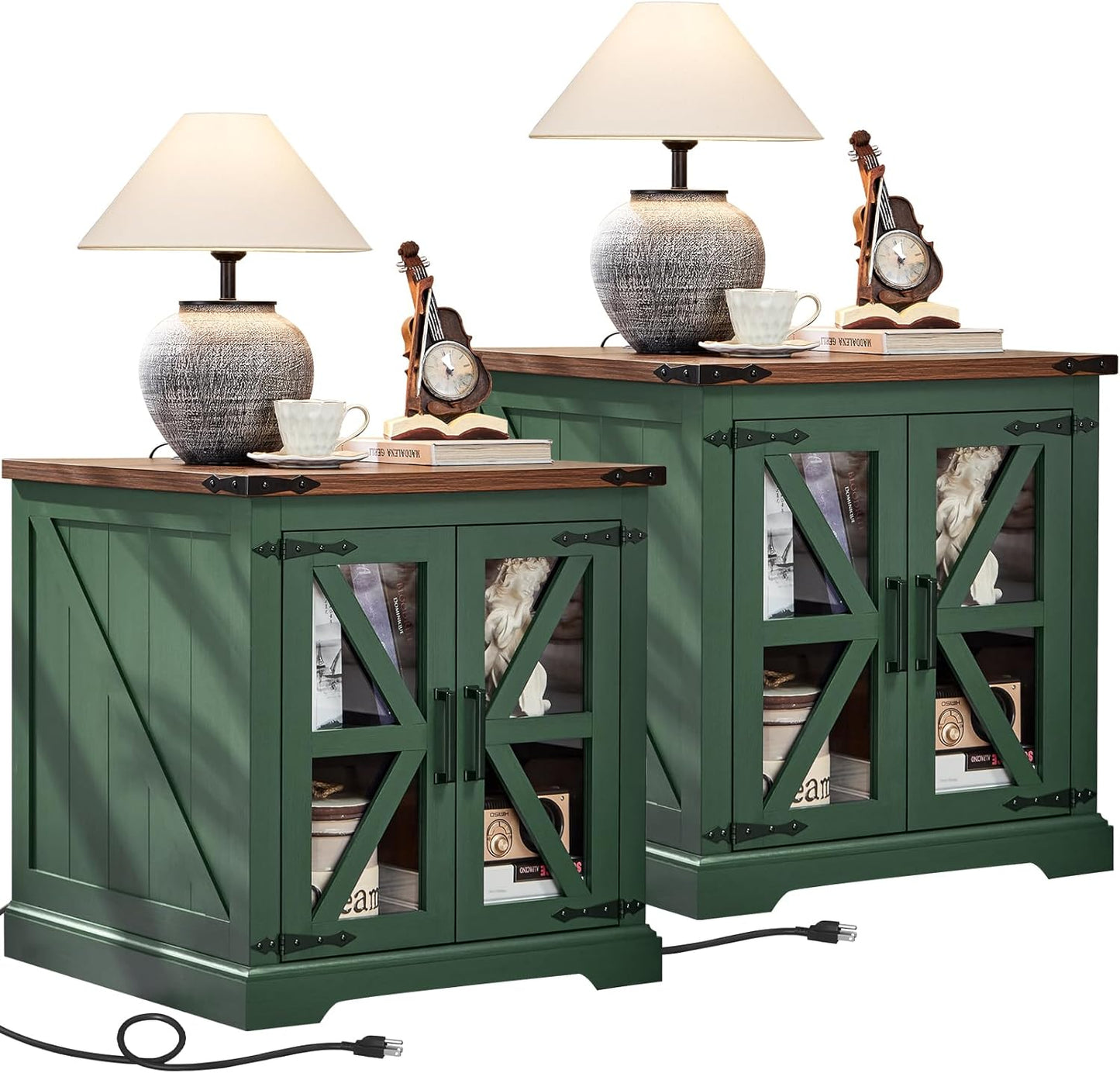 24" End Table Set of 2 with Charging Station, Farmhouse Night Stand with Glass Barn Door, Nightstands with Adjustable Storage Shelf, Large Wood Square Bed Side Table for Living Room, Bedroom