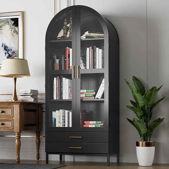 Metal Arched Pantry Cabinet with 2 Drawers and Glass Doors,Black Arched Bookcase with 2 Adjustable Shelf for Kitchen Home Office,Installation Required,Black
