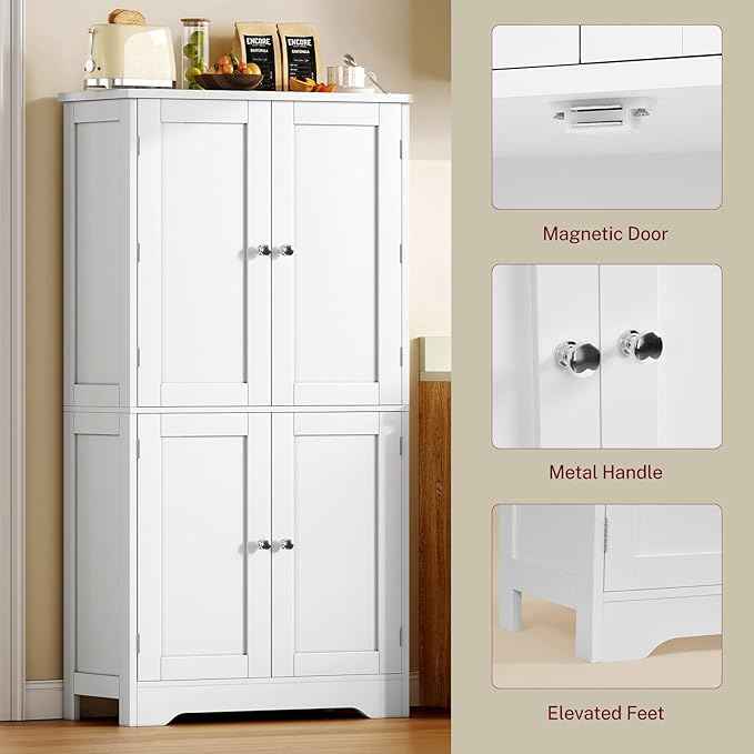 TEENFON 51" H Pantry Cabinet with 4 Doors, Kitchen Cabinet with 6 Door Shelves, Storage Cabinet for Living Room, Dining Room, Bathroom, White