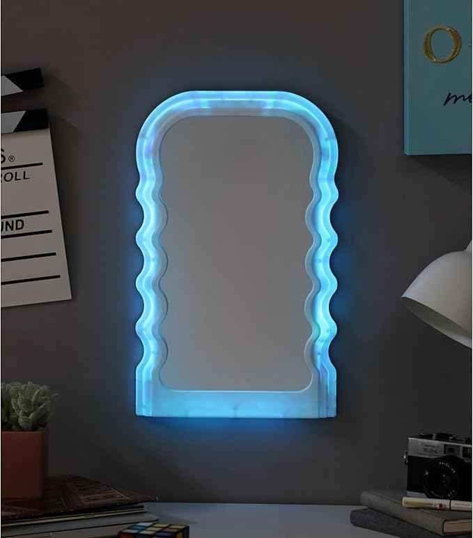 Urban Lifestyle LED Wavy Wall Mirror,Color Changing Light Up Mirror for Bedroom, Living Room or Dorm,16.5" x 10.28"