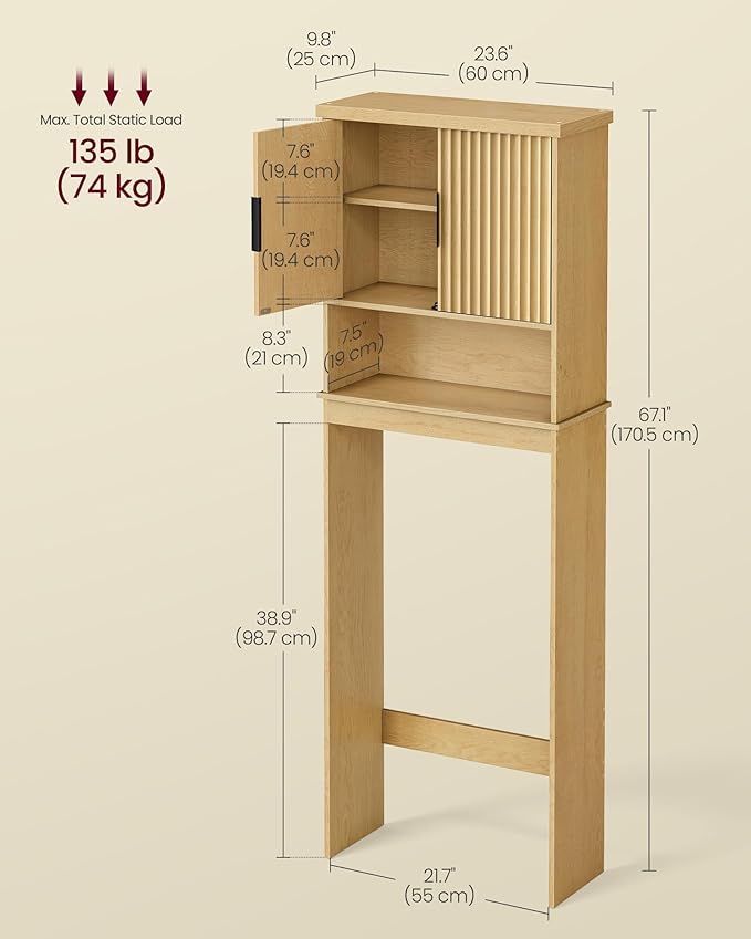 VASAGLE MAXE Collection - Over The Toilet Storage Cabinet, 23.6-Inch Wide Mid Century Modern Bathroom Organizer with Fluted Doors, Adjustable Shelf, Space-Saving, Oak Beige UBTS028YC01S