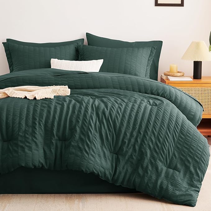 CozyLux Oversized King Comforter Set Forest Green Seersucker 7 Pieces 120x98 Bed in a Bag Comforter Set with Sheets, Luxury Bedding Sets with Down Alternative Comforter, Sheets, Pillowcases & Shams