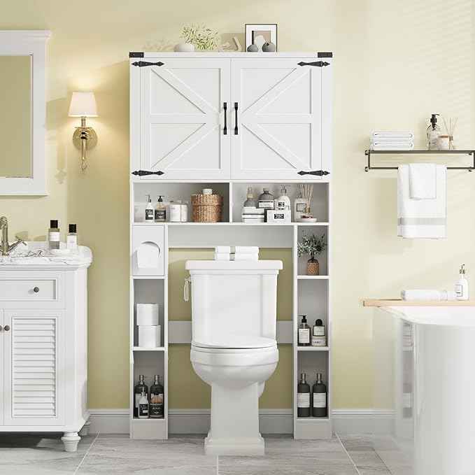 Vabches Over The Toilet Storage Cabinet, Farmhouse Storage Cabinet Over Toilet with 2 Barn Doors ，Toilet Paper Holder Stand，Home Space-Saving Toilet Rack, for Laundry, Restroom, Bathroom.White.